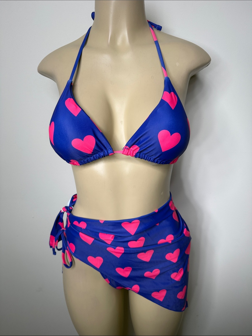 SHEIN Blue & Pink Heart Triangle Bikini Set with Sarong